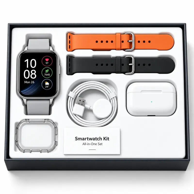 2026 Adjustable Ip67-Rated Smart Watch Kit with Bluetooth Headphones, Type-C Cable, Audio Support, GPS Tracker, Bluetooth Key Tracker, VR Glasses, AI Wearable Glasses, Lavender Buds Microphone, Stable Connection for Content Creation Tools and Gadgets
