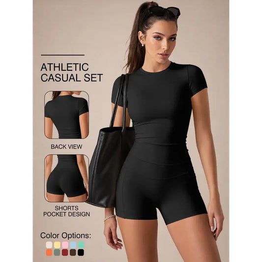Women'S 2-Piece Sporty Solid Color Gym & Workout Set - Breathable Quick-Dry T-Shirt, High-Waist Shorts, Summer Activewear for Yoga & Gym, Gym Sets for Women, Workout Sets for Women
